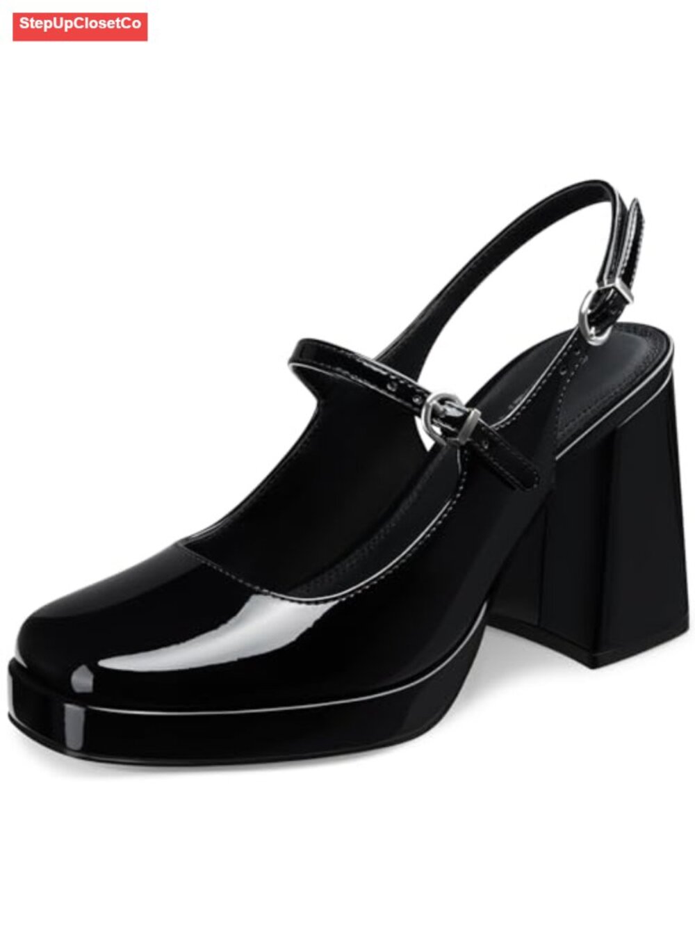 Mary Jane Pumps Faux Leather Chunky Platform Slingback Heels